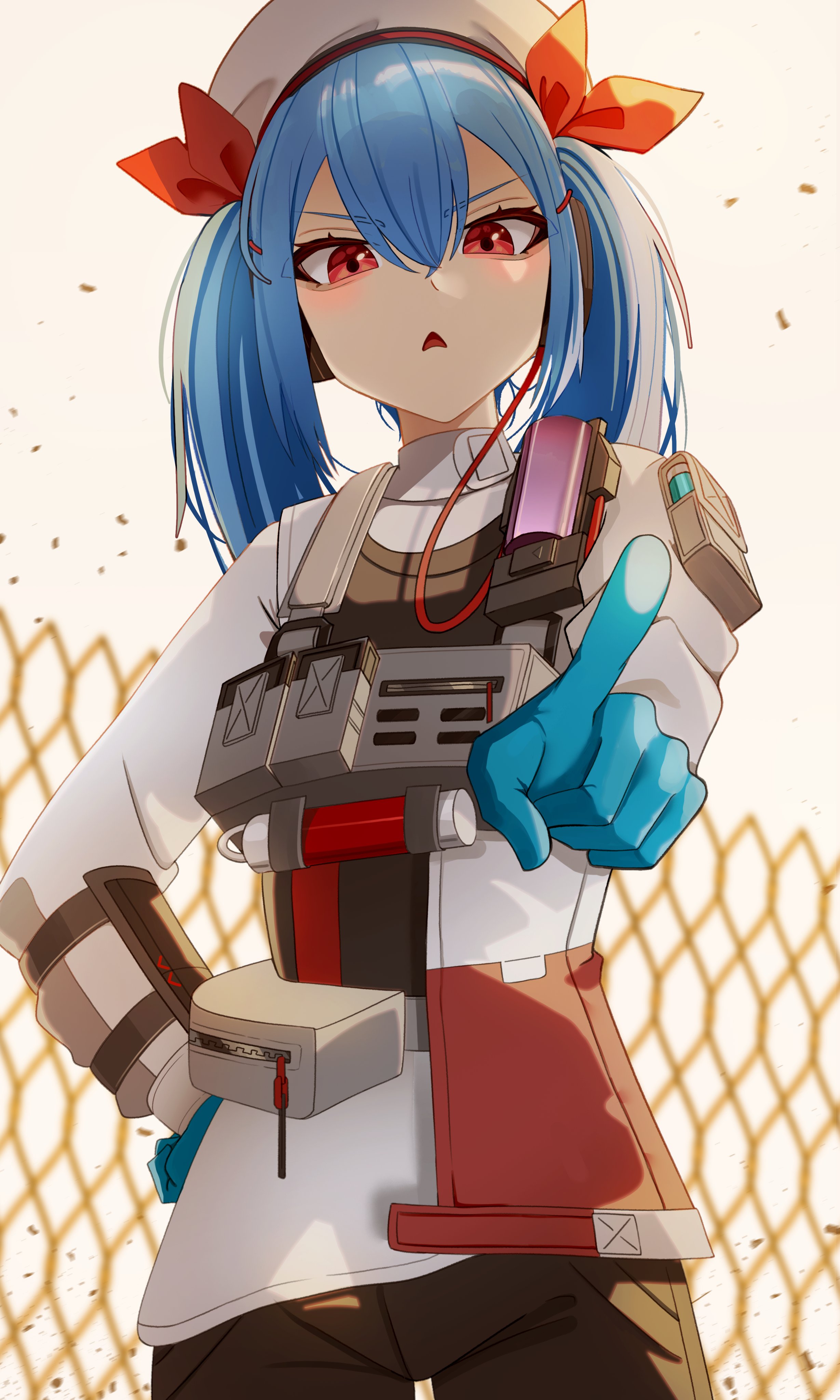 grief 13, colphne (girls' frontline 2), girls' frontline, girls' frontline 2: exilium, absurdres, highres, 1girl, angry, black shorts, blue gloves, blue hair, blush, breasts, from below, frown, gloves, hair between eyes, hair ornament, hair ribbon, hairclip, hand on own hip, hand up, long hair, looking at viewer, looking down, medium hair, pointing, pointing at viewer, red eyes, red ribbon, ribbon, short shorts, shorts, small breasts, solo, twintails