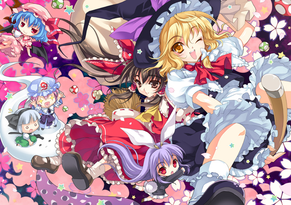 riv (rivleaf), hakurei reimu, inaba tewi, kirisame marisa, konpaku youmu, konpaku youmu (ghost), reisen udongein inaba, remilia scarlet, saigyouji yuyuko, imperishable night, touhou, 6+girls, :3, animal ears, blonde hair, chibi, female focus, multiple girls, mushroom, one eye closed, rabbit ears, wink