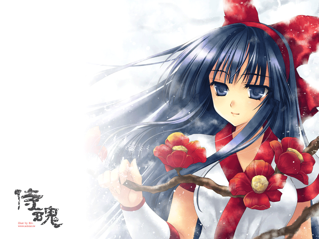 riv (rivleaf), nakoruru, samurai spirits, snk, gif artifacts, 1girl, arm warmers, black hair, blue eyes, blue hair, bow, branch, camellia, female focus, flower, hair bow, hair ribbon, hairband, holding, lips, long hair, red bow, ribbon, smile, solo, wind