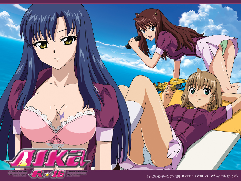 yamauchi noriyasu, minamino karen, shingai eri, sumeragi aika, aika (series), aika r-16, 00s, 3girls, all fours, ascot, ass, bent over, blonde hair, blue eyes, blue hair, bow, bow bra, bra, braid, breast tattoo, breasts, brown hair, butterfly tattoo, chair, cleavage, copyright name, day, female focus, green eyes, green panties, kneepits, large breasts, lingerie, long hair, lounge chair, lying, multiple girls, on chair, panties, pantyshot, shiny skin, short hair, side braid, single braid, skirt, smile, swimsuit, tattoo, twintails, underwear, water, yellow ascot, yellow eyes