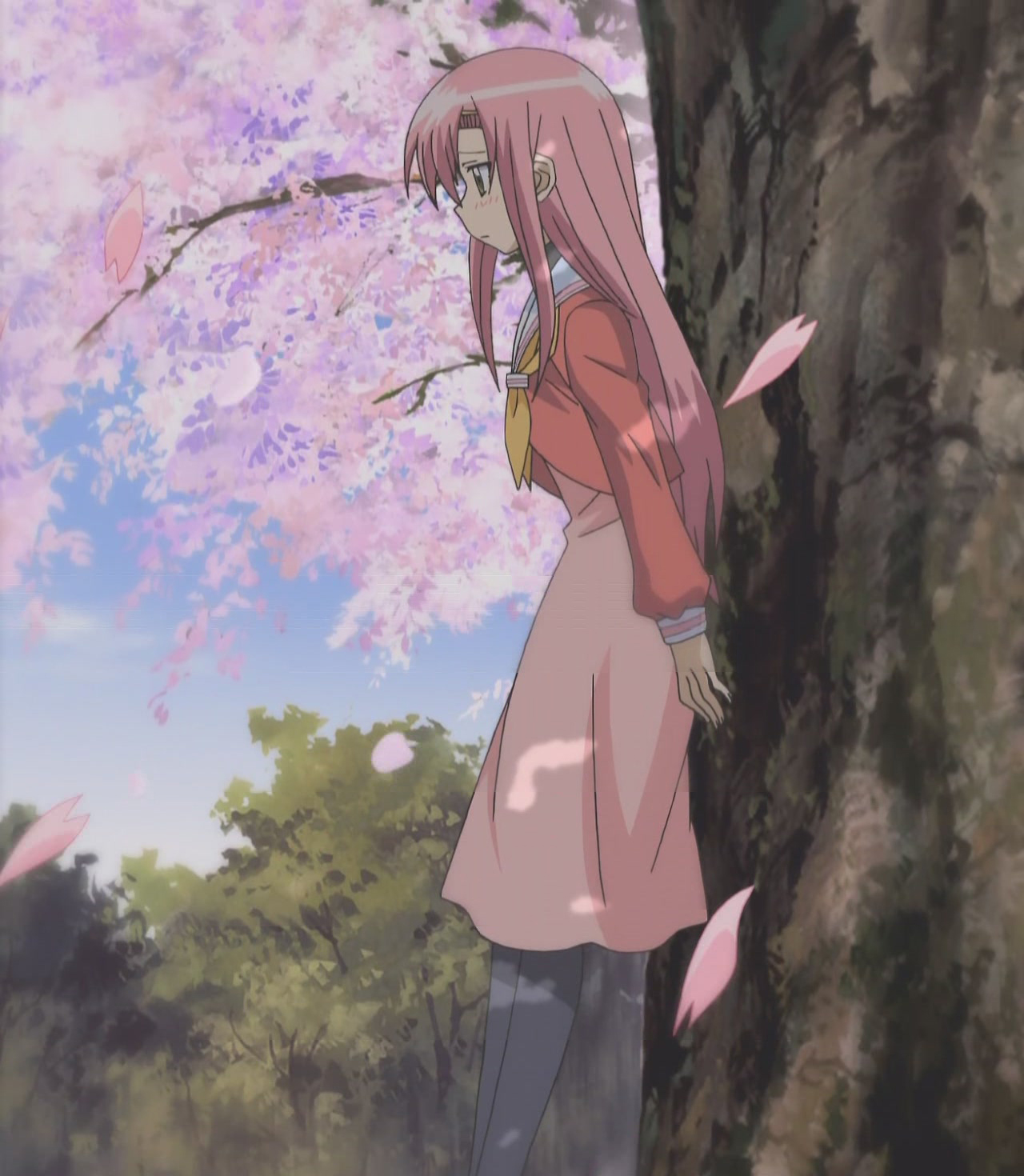 katsura hinagiku, hayate no gotoku!, anime screenshot, highres, stitched, third-party edit, 00s, blush, cherry blossoms, long hair, pink hair, school uniform, serafuku, solo