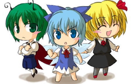 cirno, rumia, wriggle nightbug, shoot the bullet, touhou, lowres, 3girls, antennae, blonde hair, chibi, dress, female focus, full body, multiple girls, red eyes, team 9 (touhou), white background
