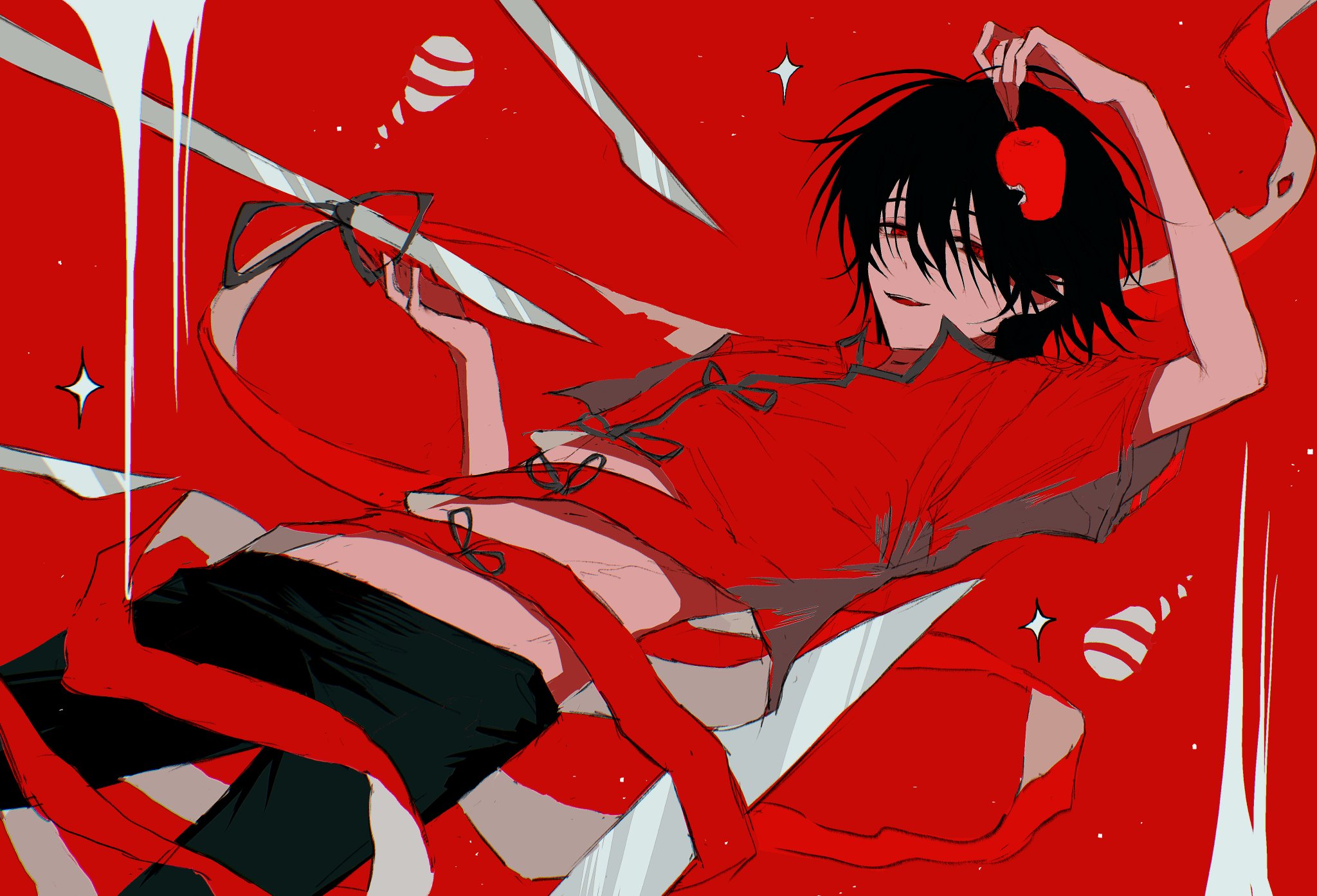 sona (lnjixn), ooe (game), highres, 1boy, apple, arm up, black hair, black pants, chinese clothes, daiba shizuma, food, fruit, hair between eyes, holding, holding food, holding fruit, holding scissors, looking at viewer, male focus, navel, open mouth, pants, pointy ears, red background, red eyes, red ribbon, red shirt, red theme, ribbon, scissors, shirt, short hair, short sleeves, smile, solo, sparkle, tangzhuang