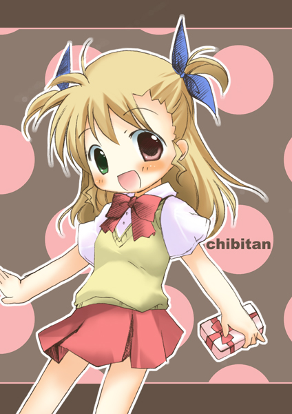 chibitan, vivio, lyrical nanoha, mahou shoujo lyrical nanoha, mahou shoujo lyrical nanoha strikers, 00s, 1girl, :d, blonde hair, blush, female focus, gift, hair ribbon, heterochromia, looking at viewer, miniskirt, open mouth, pleated skirt, ribbon, shirt, short sleeves, skirt, smile, solo, sweater vest, tareme, two side up, white shirt
