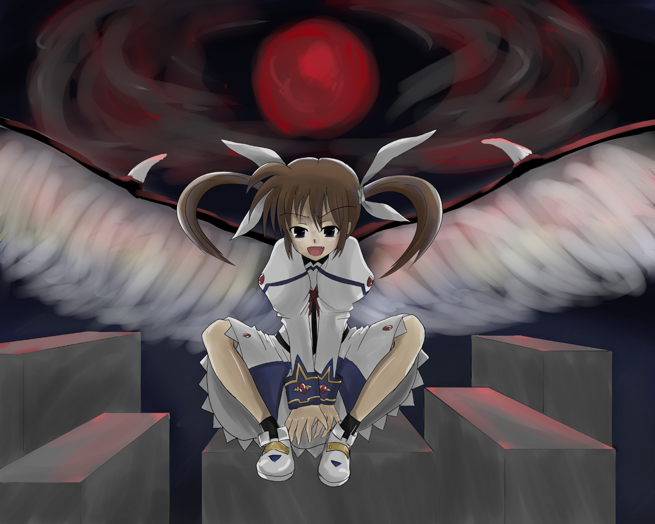 yautsuro (rufa), takamachi nanoha, lyrical nanoha, mahou shoujo lyrical nanoha, triangle heart, triangle heart 3, triangle heart 3 lyrical toy box, 00s, 1girl, bow, female focus, magical girl, purple eyes, red bow, red hair, sitting, solo, twintails, white devil, wings