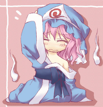 izana minagi, saigyouji yuyuko, touhou, lowres, 1girl, blue hat, chibi, female focus, hand on own head, hat, off shoulder, solo