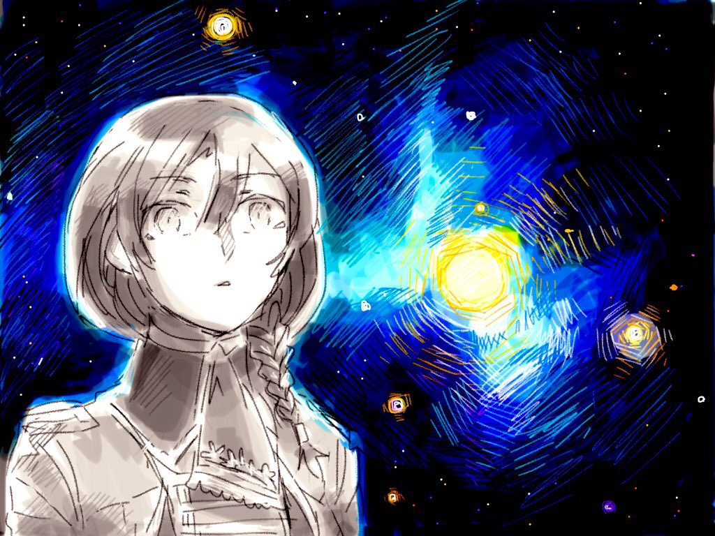 tsundoku, es (alter ego), alter ego (game), tagme, 1girl, black eyes, black hair, braid, braided ponytail, collared jacket, collared shirt, crying, grey eyes, jacket, looking at viewer, monochrome, night, night sky, open mouth, shirt, sky, solo, solo focus, tearing up, tears, undershirt, zumdocu