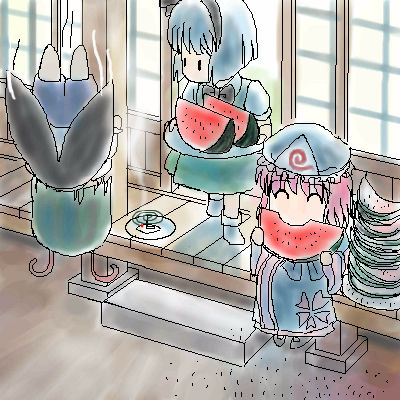 satsuki hare shin, satsuki harunobu, konpaku youmu, saigyouji yuyuko, wriggle nightbug, touhou, lowres, 3girls, antennae, chibi, eating, female focus, food, fruit, hat, holding, holding food, holding fruit, holding watermelon, multiple girls, oekaki, watermelon