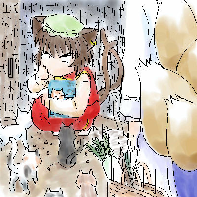 satsuki hare shin, satsuki harunobu, chen, yakumo ran, touhou, lowres, 2girls, animal ears, brown hair, cat, cat ears, cat tail, earrings, female focus, fox tail, hat, jewelry, multiple girls, multiple tails, pet food, short hair, tail