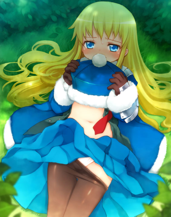 kito (sorahate), gunner (sekaiju), gunner 2 (sekaiju), atlus, etrian odyssey, 1girl, blonde hair, blue eyes, clothes pull, female focus, panties, pantyhose, pantyhose pull, solo, underwear, undressing