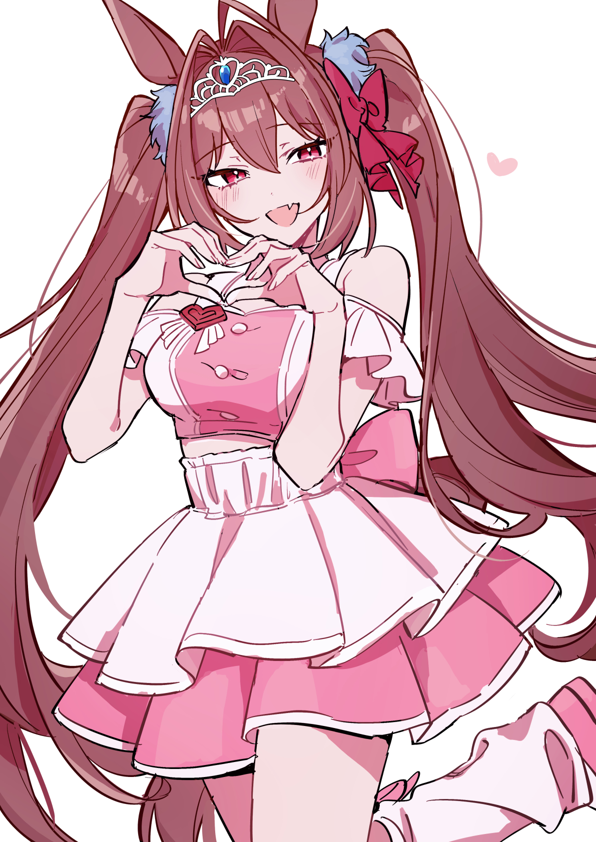 aneco (westsea1227), daiwa scarlet (umamusume), umamusume, commentary request, highres, 1girl, animal ears, antenna hair, bare shoulders, blush, breasts, brown hair, brown tail, clothing cutout, fang, hair ornament, heart, heart hands, horse ears, horse girl, horse tail, large breasts, layered skirt, long hair, looking at viewer, midriff peek, official alternate costume, open mouth, pink shirt, pink skirt, red eyes, shirt, shoulder cutout, simple background, skin fang, skirt, smile, solo, tail, tiara, very long hair, white background