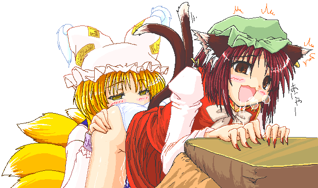 gizensha, chen, yakumo ran, touhou, 2girls, :3, animal ears, blonde hair, blush, breath, brown eyes, brown hair, cat ears, cat girl, cat tail, cunnilingus, earrings, female focus, fingernails, fox ears, fox tail, implied cunnilingus, jewelry, long fingernails, multiple girls, multiple tails, nail (hardware), nail polish, oekaki, open mouth, oral, panties, pussy juice, red nails, standing, standing cunnilingus, tail, underwear, white panties, yellow eyes, yuri