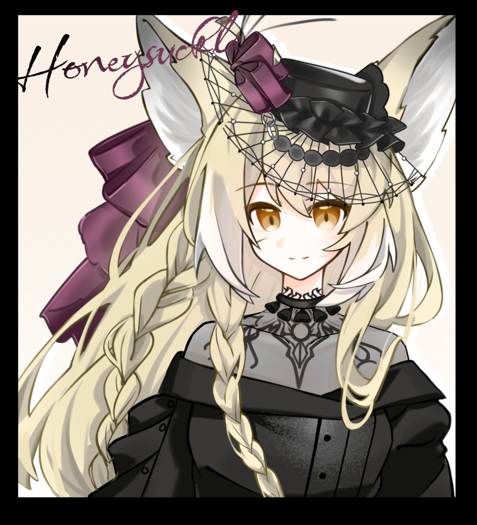 vulpisfoglia (arknights), ambience synesthesia, arknights, chinese commentary, commentary request, highres, 1girl, animal ears, black border, black hat, blonde hair, border, braid, brown eyes, closed mouth, covered collarbone, grey616414, hair between eyes, hat, long hair, looking at viewer, multicolored hair, off shoulder, official alternate costume, portrait, simple background, smile, solo, split mouth, streaked hair, white background, white hair