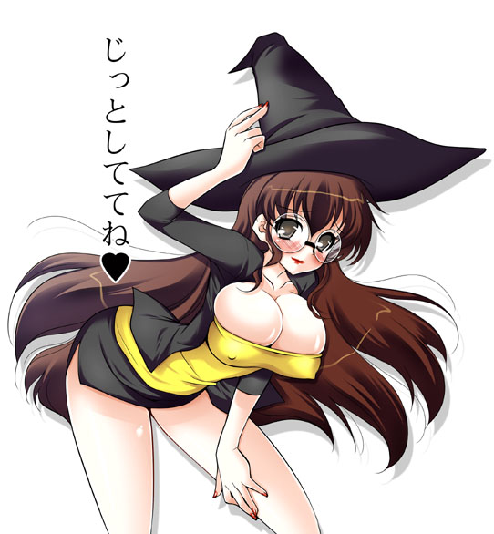 koari, 1girl, bent over, blush, breasts, cleavage, female focus, glasses, heart, solo, witch