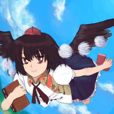7c, shameimaru aya, touhou, lowres, 1girl, female focus, geta, hat, looking at viewer, oekaki, smile, solo, tengu-geta
