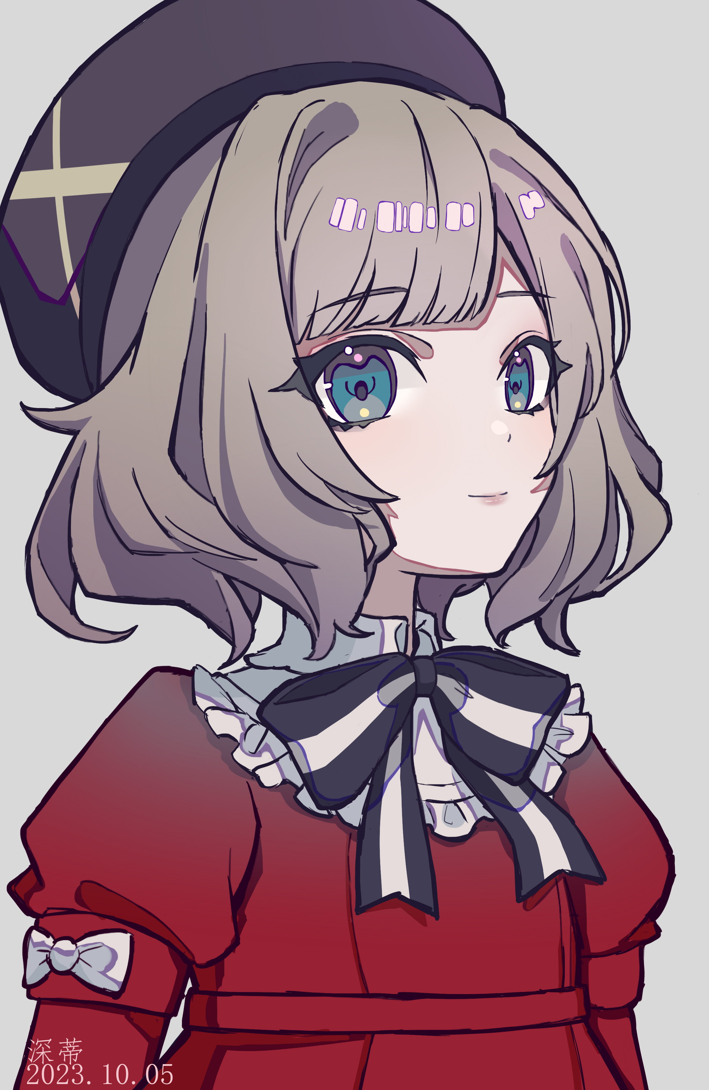 shendi 2021, sandrone (genshin impact), genshin impact, absurdres, highres, 1girl, bib collar, black bow, black bowtie, black hat, blue eyes, bow, bowtie, brown hair, dated, dress, grey background, hat, looking at viewer, mary-ann (genshin impact), medium hair, portrait, red dress, simple background, solo, two-tone bow, two-tone bowtie, upper body, white bow, white bowtie