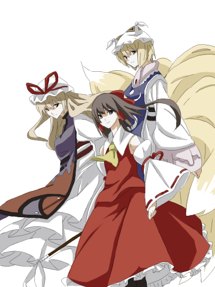 kajiki, hakurei reimu, yakumo ran, yakumo yukari, touhou, 3girls, animal hat, ascot, blonde hair, bow, brown hair, detached sleeves, female focus, floating hair, fox tail, frills, hair bow, hat, long sleeves, looking at viewer, mob cap, multiple girls, multiple tails, short hair, simple background, skirt, skirt set, smile, tabard, tail, tassel, white background, wide sleeves