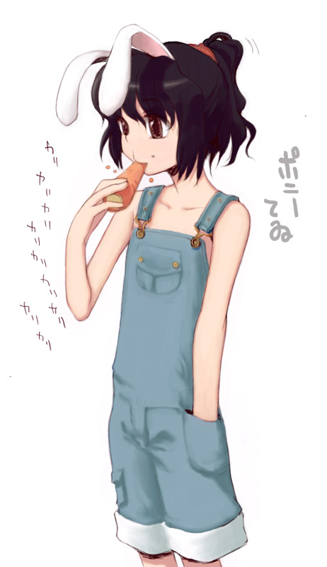 7c, inaba tewi, touhou, 1girl, alternate hairstyle, animal ears, carrot, casual, female focus, flat chest, hand in pocket, naked overalls, overall shorts, overalls, ponytail, pun, rabbit ears, solo, suspenders