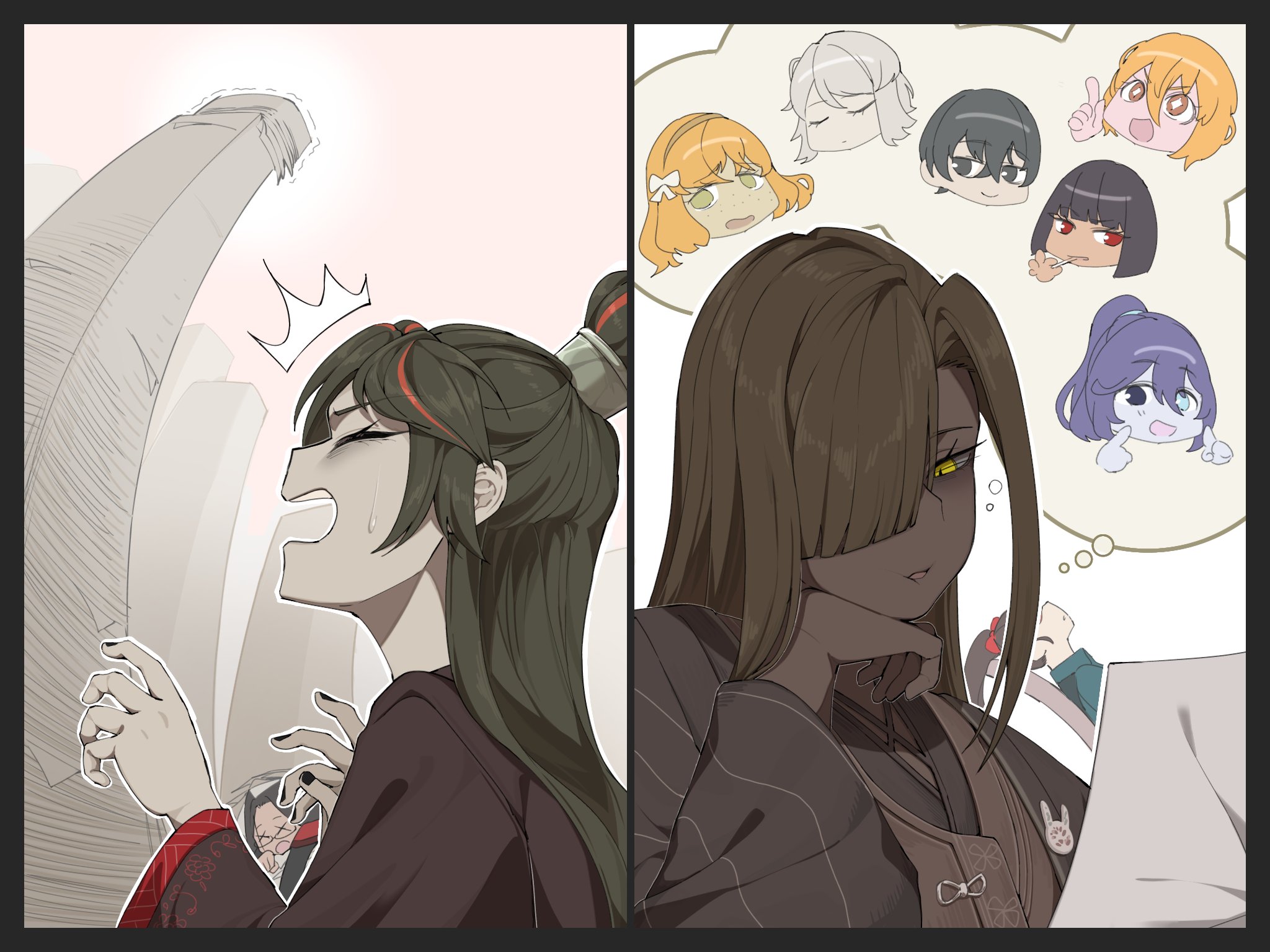 heiya desu, don quixote (project moon), faust (project moon), hong lu (project moon), ishmael (project moon), ryoshu (project moon), saude (project moon), yi sang (project moon), zigong (project moon), zilu (project moon), limbus company, project moon, highres, black hair, brown hair, closed eyes, dark-skinned female, dark skin, hair over one eye, long hair, multicolored hair, open mouth, paper stack, paperwork, red hair, speech bubble, streaked hair, thought bubble, topknot, wei (project moon), yellow eyes