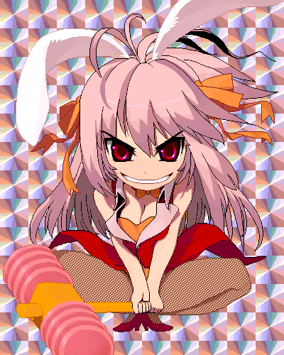 7c, lowres, 1girl, animal ears, fake animal ears, female focus, fishnet pantyhose, fishnets, hammer, leotard, naughty face, oekaki, pantyhose, playboy bunny, rabbit ears, solo, toy hammer