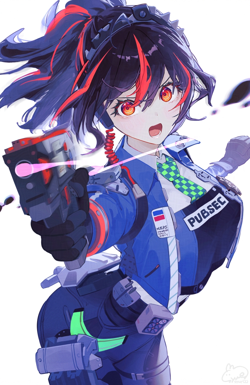 syuri22, zhu yuan, zenless zone zero, highres, 1girl, aiming, aiming at viewer, black gloves, black hair, blue jacket, breasts, checkered necktie, earpiece, gloves, gun, hairband, high-waist pants, holding, holding gun, holding weapon, holster, jacket, large breasts, looking at viewer, metal hairband, multicolored hair, necktie, pants, police, police badge, police uniform, policewoman, ponytail, red eyes, red hair, shoulder holster, simple background, solo, streaked hair, tight clothes, tight pants, v-shaped eyebrows, weapon, white background