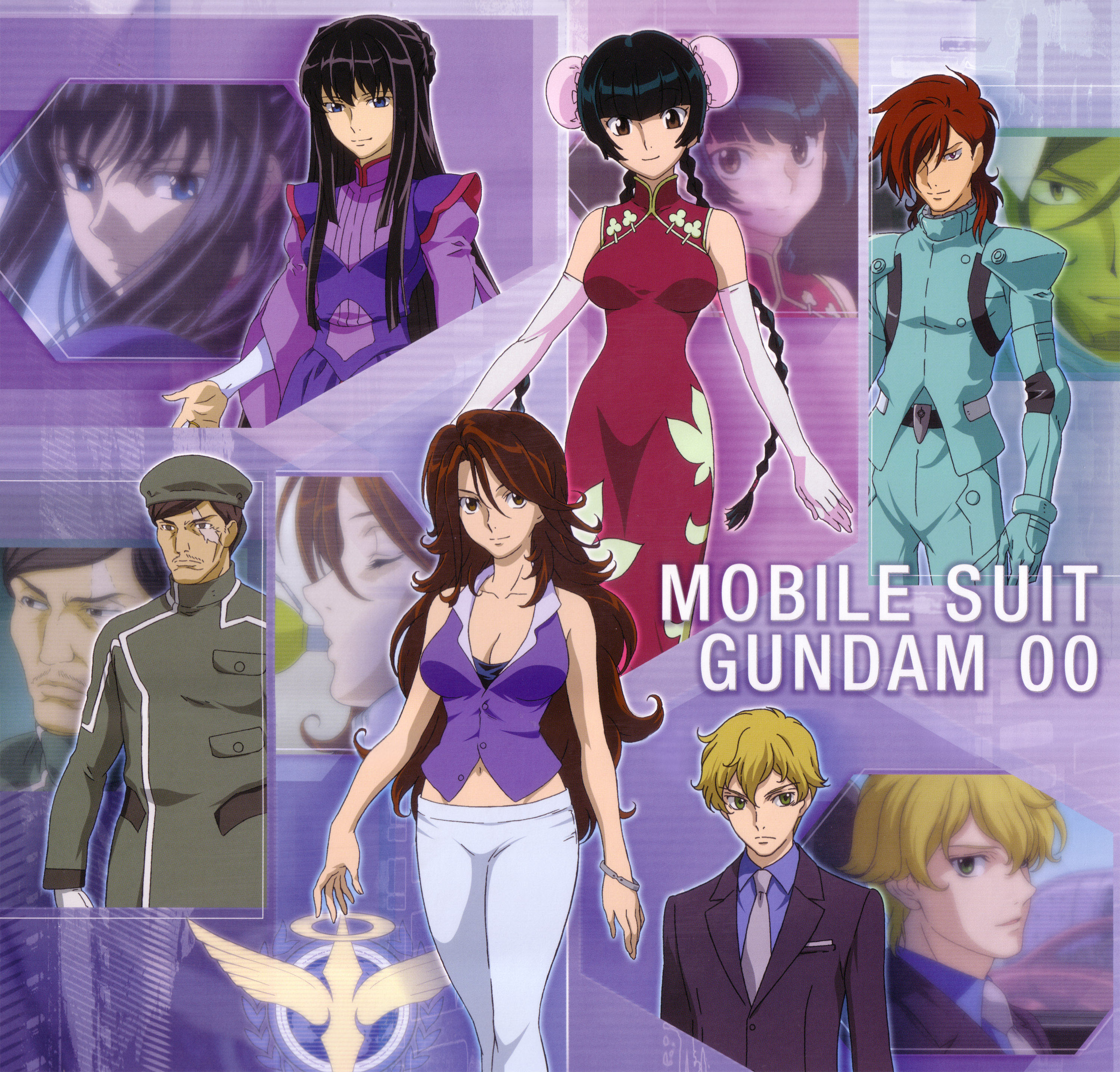 graham aker, marina ismail, patrick colasour, sergei smirnov, sumeragi lee noriega, wang liu mei, gundam, gundam 00, absurdres, highres, official art, scan, 00s, 3boys, 3girls, black hair, blonde hair, blue eyes, braid, brown eyes, brown hair, bun cover, china dress, chinese clothes, double bun, dress, elbow gloves, gloves, green eyes, hair bun, hat, long hair, military, military uniform, multiple boys, multiple girls, twin braids