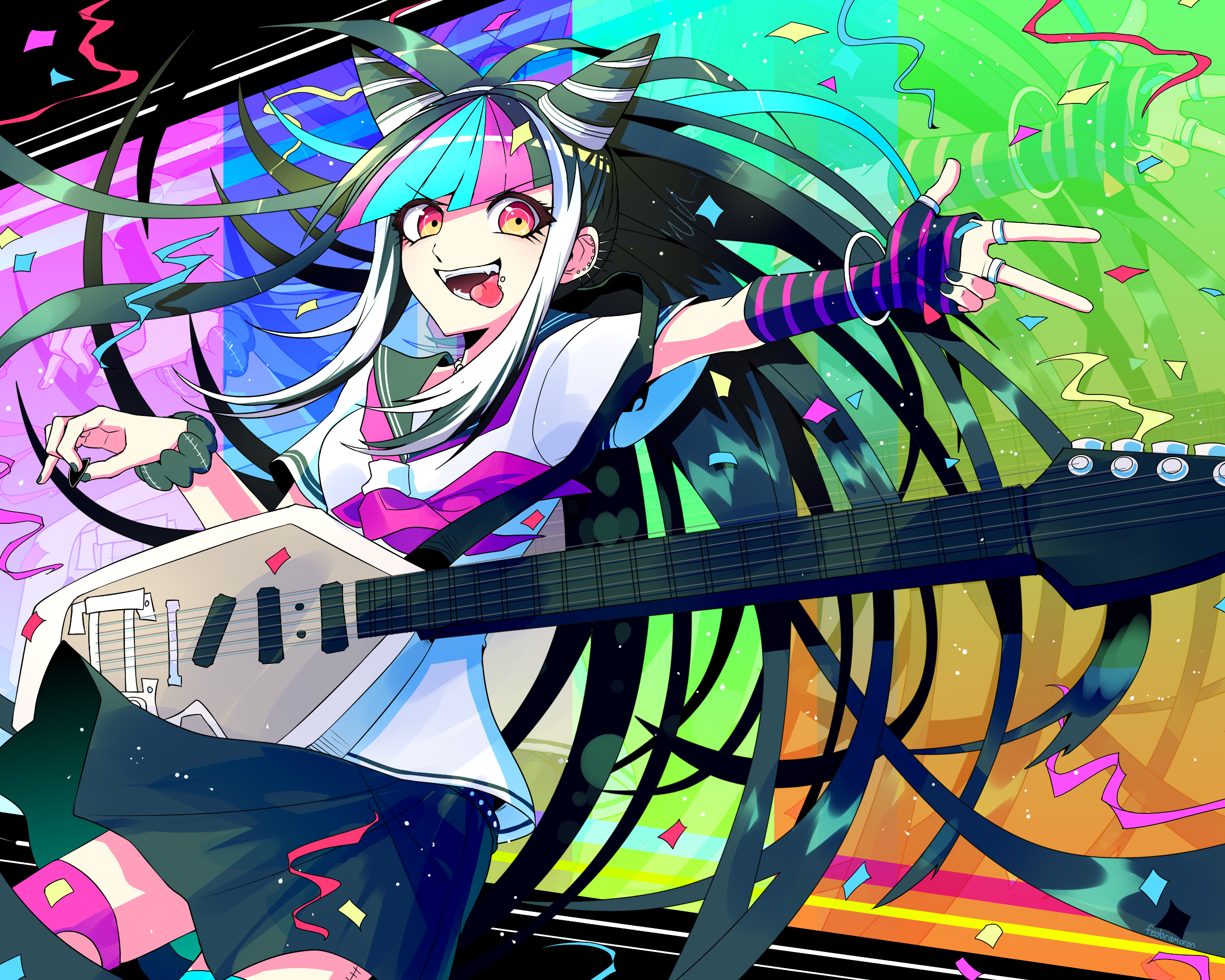 fedoramoron, mioda ibuki, danganronpa (series), danganronpa 2: goodbye despair, commentary request, commission, highres, painttool sai (medium), 1girl, black hair, black nails, black sailor collar, black skirt, blue hair, blue streaks, bracelet, collared shirt, confetti, ear piercing, elbow gloves, electric guitar, eyelashes, face piercing, fangs, fingerless gloves, gloves, guitar, hair horns, holding, holding plectrum, instrument, jewelry, long hair, mouth piercing, multicolored hair, nail polish, neckerchief, open mouth, outstretched arm, piercing, pink eyes, pink hair, pink neckerchief, pink streaks, plectrum, sailor collar, school uniform, scrunchie, serafuku, shirt, short sleeves, single elbow glove, single fingerless glove, skirt, solo, streaked hair, striped clothes, striped gloves, teeth, tongue, tongue out, two-tone gloves, v, v-shaped eyebrows, white hair, white shirt, wrist scrunchie