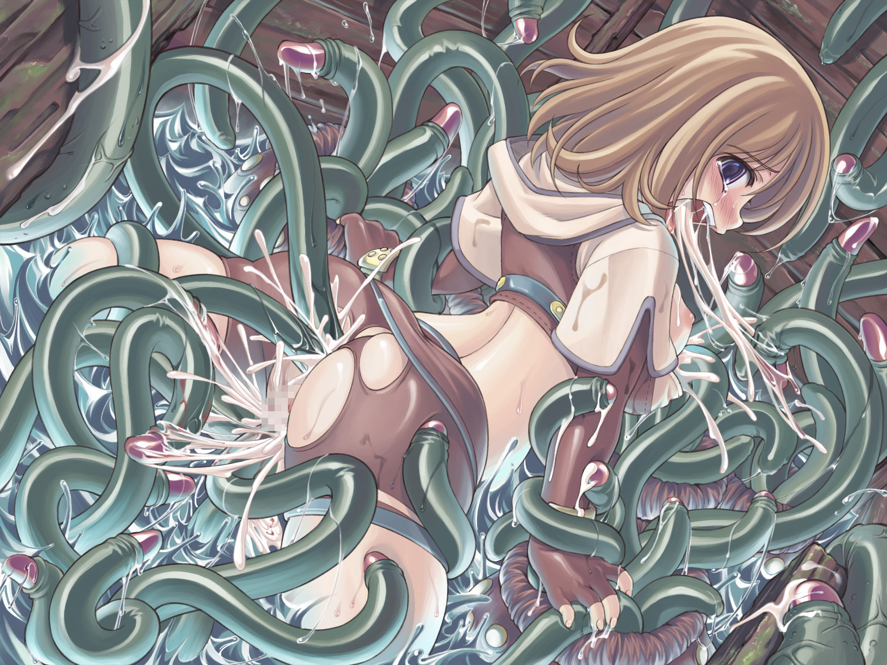 mil (xration), hunter (ragnarok online), ragnarok online, highres, 1girl, anal, ass, blood, blush, breasts, brown hair, censored, cum, cum in ass, cum in mouth, cum in pussy, defloration, double penetration, female focus, from behind, hunter, looking back, medium breasts, midriff, mosaic censoring, multiple penetration, nipples, open mouth, purple eyes, rape, shorts, solo, solo focus, sweat, tears, tentacle sex, tentacles, torn clothes, water