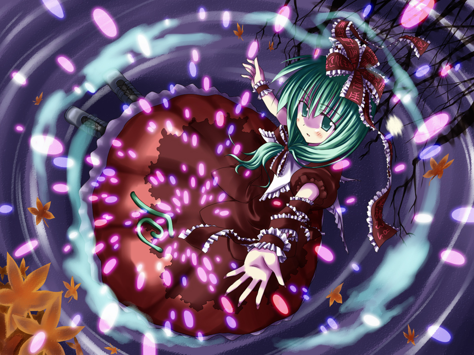 toshihiro, kagiyama hina, touhou, 1girl, aqua eyes, aqua hair, arm ribbon, bare tree, danmaku, dress, female focus, fingernails, front ponytail, hair ribbon, leaf, nail polish, outstretched arms, outstretched hand, red dress, ribbon, solo, spread arms, tree
