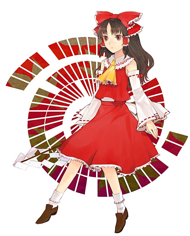 xero, hakurei reimu, touhou, 1girl, ascot, brown eyes, brown hair, collar, detached sleeves, dress, female focus, full body, gohei, holding, kneehighs, loafers, long hair, long sleeves, red dress, ribbon-trimmed sleeves, ribbon trim, shoes, simple background, socks, solo, stick, white background, white socks