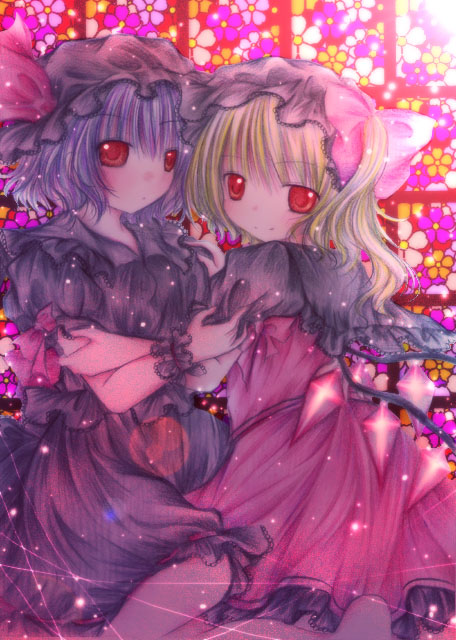 kasuga sunao, flandre scarlet, remilia scarlet, touhou, 2girls, dress, female focus, hat, mob cap, multiple girls, siblings, sisters, wings