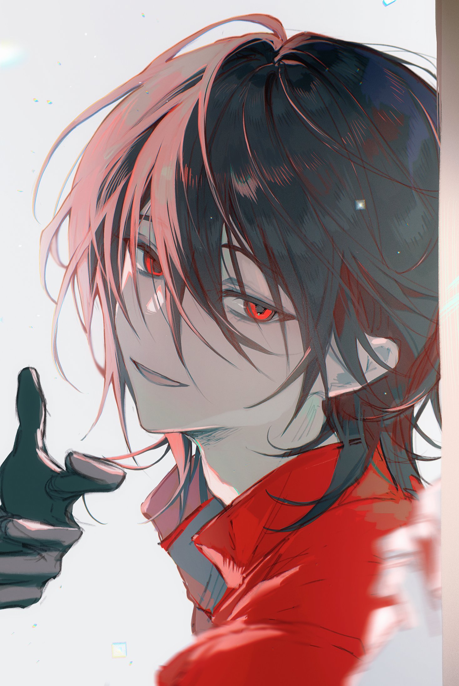 sona (lnjixn), ooe (game), highres, 1boy, black gloves, black hair, daiba shizuma, gloves, hair between eyes, jacket, looking at viewer, male focus, open mouth, portrait, red eyes, red shirt, shirt, short hair, simple background, smile, solo, white background
