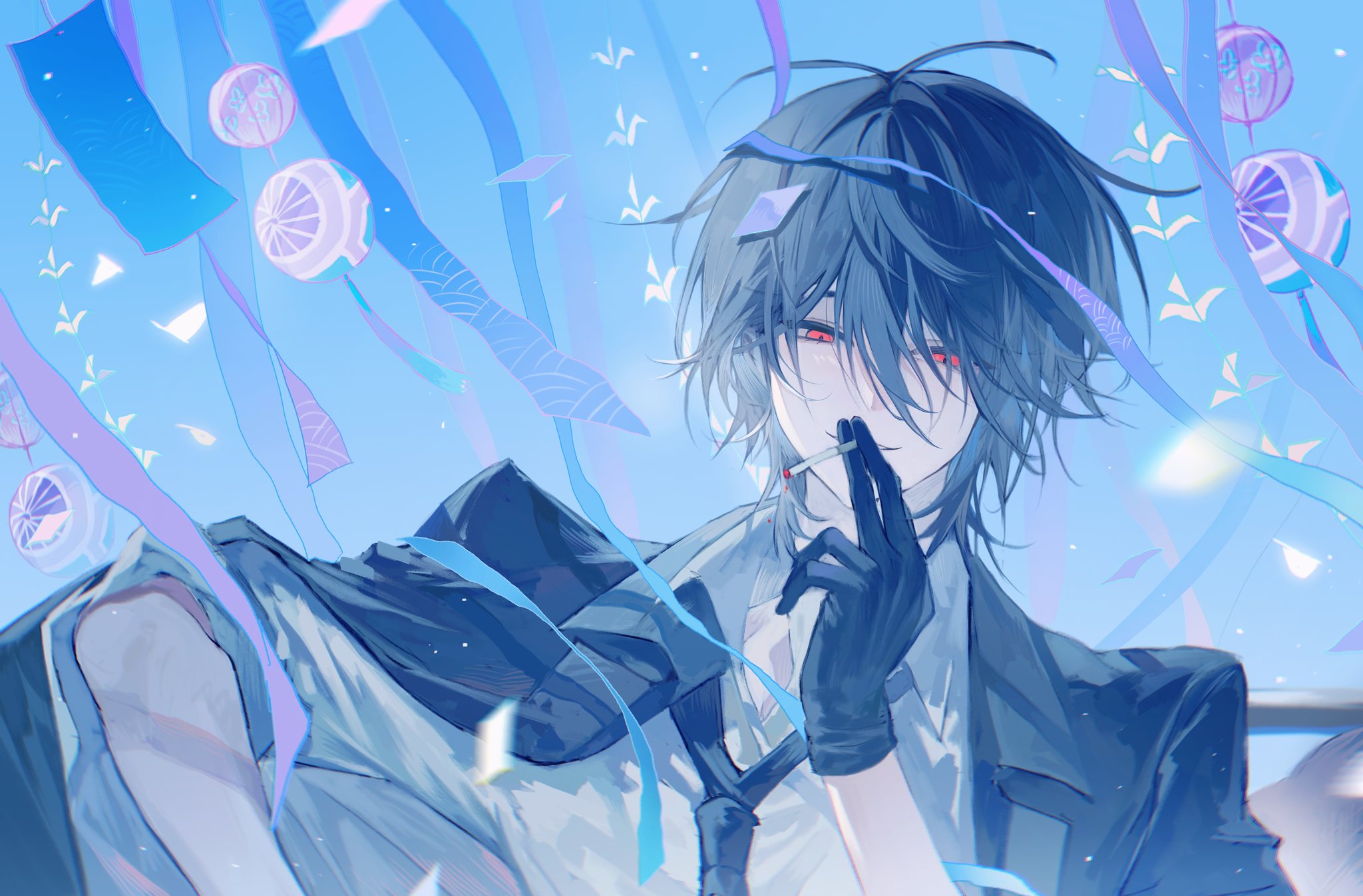 sona (lnjixn), ooe (game), highres, 1boy, black gloves, black hair, black jacket, black necktie, blue sky, cigarette, collared shirt, confetti, daiba shizuma, day, gloves, hair between eyes, holding, holding cigarette, jacket, jacket on shoulders, looking at viewer, male focus, necktie, parted lips, red eyes, shirt, short hair, sky, smile, smoking, solo, streamers, upper body, white shirt