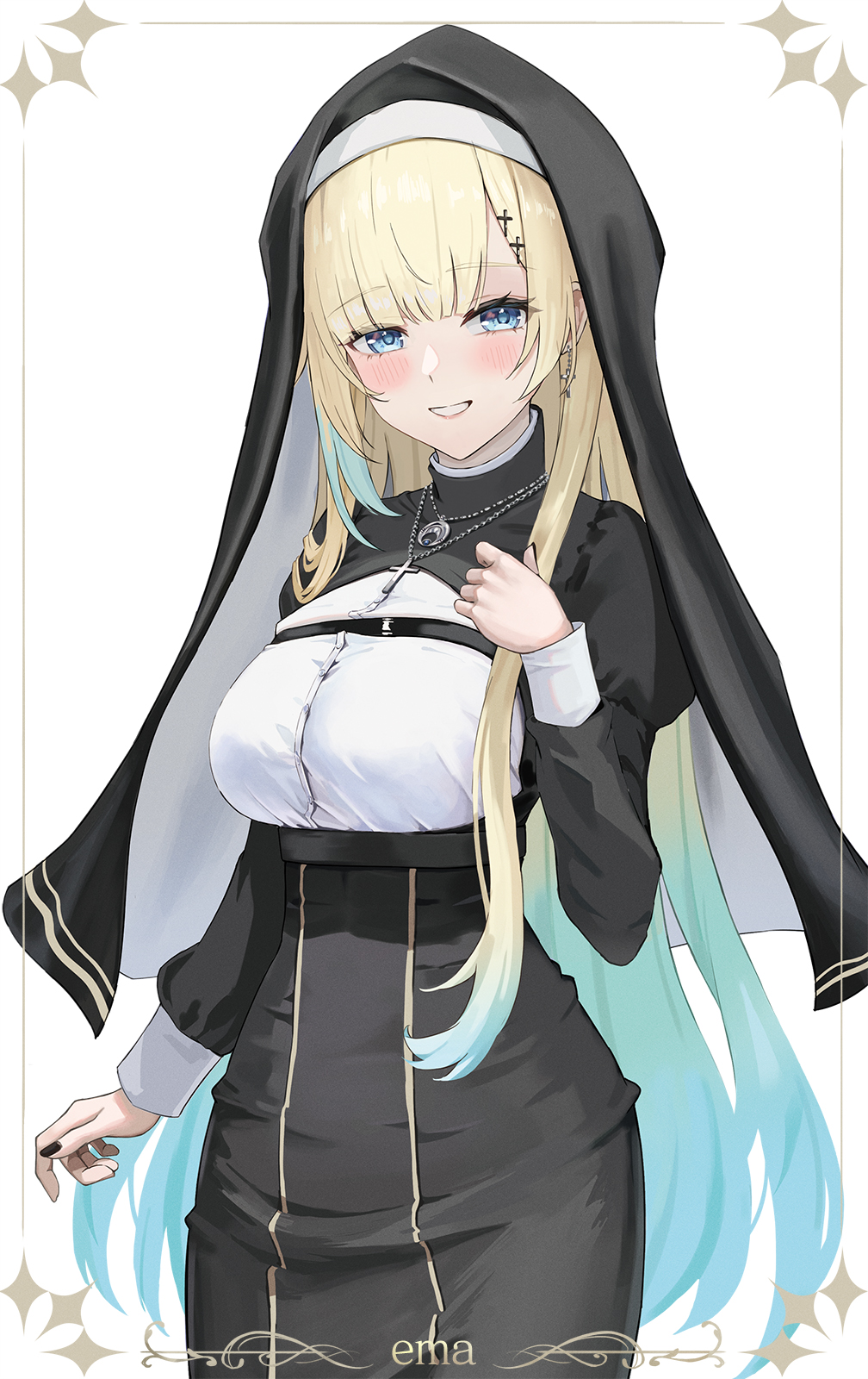 mawarru, aizawa ema, vspo!, highres, 1girl, aqua hair, black dress, black veil, blonde hair, blue eyes, breasts, character name, cleavage cutout, clothing cutout, cross, cross necklace, dress, framed breasts, gradient hair, jewelry, large breasts, long hair, long sleeves, looking at viewer, multicolored hair, necklace, nun, parted lips, shirt, smile, solo, veil, virtual youtuber, white shirt