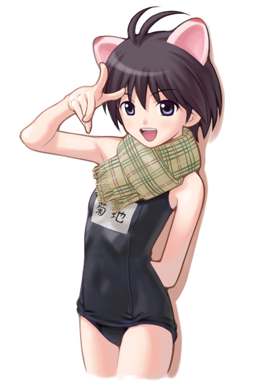 nekopuchi, kikuchi makoto, idolmaster, idolmaster (classic), 00s, 1girl, animal ears, antenna hair, black one-piece swimsuit, cat ears, cowboy shot, female focus, looking at viewer, name tag, one-piece swimsuit, plaid clothes, plaid scarf, scarf, school swimsuit, simple background, solo, swimsuit, white background