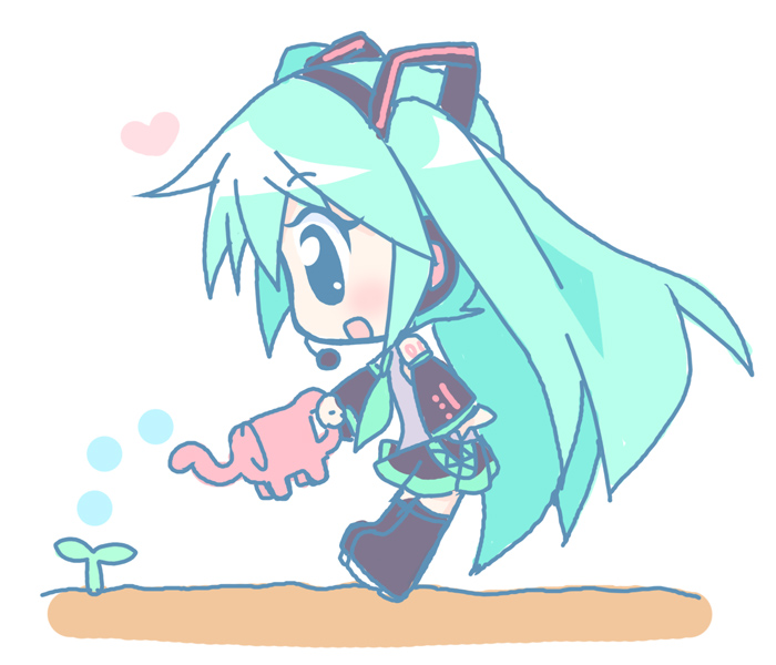 mirai (sugar), hatsune miku, vocaloid, 1girl, aqua hair, chibi, female focus, solo, thighhighs, watering can