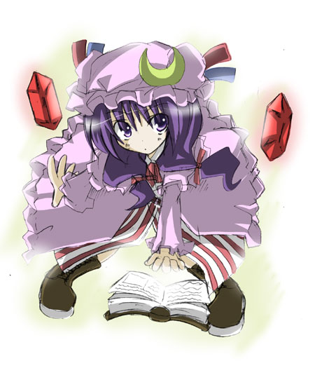 miwa maku, patchouli knowledge, touhou, 1girl, book, crescent, female focus, frills, grimoire, hat, long hair, long sleeves, looking at viewer, mob cap, open book, paper, purple eyes, purple hair, simple background, solo, very long hair, white background