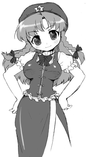 manjiduka, hong meiling, embodiment of scarlet devil, touhou, 1girl, beret, blush, braid, female focus, greyscale, hat, head tilt, long hair, looking at viewer, monochrome, puffy short sleeves, puffy sleeves, short sleeves, side slit, simple background, smile, solo, star (symbol), twin braids, white background