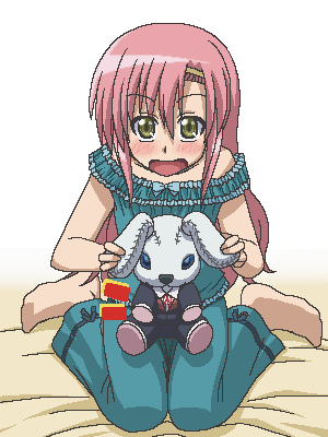 awa, katsura hinagiku, hayate no gotoku!, lowres, 00s, 1girl, blush, brown eyes, female focus, jaggy lines, long hair, oekaki, pajamas, pink eyes, solo, stuffed animal, stuffed rabbit, stuffed toy