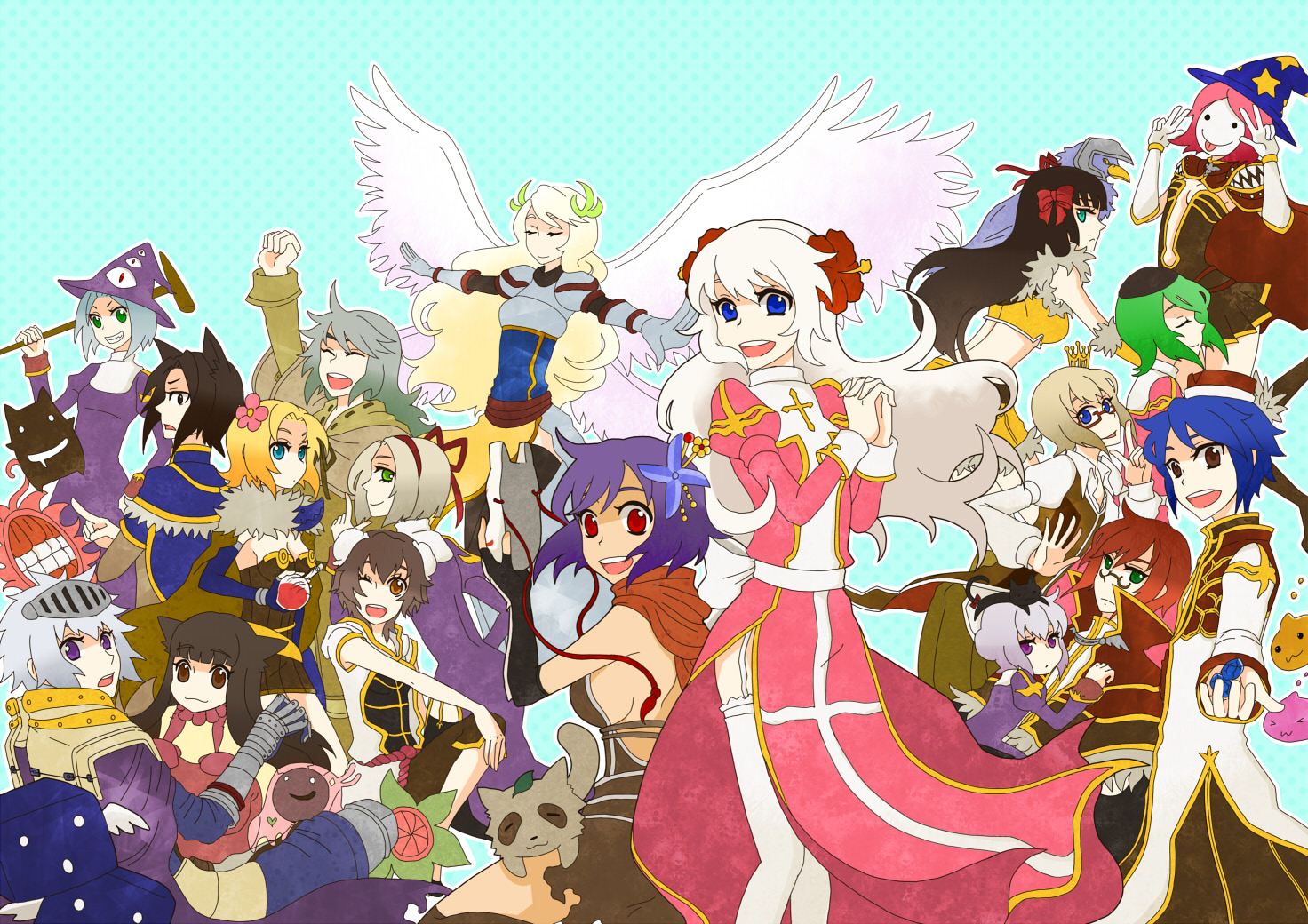 alchemist (ragnarok online), assassin cross (ragnarok online), bard (ragnarok online), clown (ragnarok online), creator (ragnarok online), crusader (ragnarok online), deviruchi, geographer (ragnarok online), high priest (ragnarok online), high wizard (ragnarok online), merchant (ragnarok online), monk (ragnarok online), priest (ragnarok online), sniper (ragnarok online), valkyrie (ragnarok online), vanilmirth (ragnarok online), ragnarok online, commentary request, 6+boys, 6+girls, animal, animal ears, animal on head, arm up, armor, back bow, bird, biretta, black cat, black gloves, black hair, black shirt, black thighhighs, blonde hair, blue background, blue cape, blue eyes, blue gloves, blue hair, blue hat, blunt bangs, bow, breasts, brown cape, brown dress, brown eyes, brown pants, bun cover, cape, cat, cat boy, cat ears, cat girl, cat on head, closed eyes, closed mouth, coat, cowboy shot, crop top, crown, double bun, double w, dress, elbow gloves, fingerless gloves, flora (ragnarok online), flower, fur collar, garter straps, gloves, gold trim, green hair, grey hair, hair bow, hair bun, hair flower, hair ornament, hair ribbon, hairband, hat, hawk, holding, holding mask, juliet sleeves, long hair, long sleeves, looking at viewer, mask, masked, medium breasts, mini crown, multicolored coat, multiple boys, multiple girls, on head, open clothes, open coat, open mouth, own hands together, pants, pauldrons, pink dress, pink flower, pinwheel hair ornament, pointy ears, puffy sleeves, purple cape, purple dress, purple hair, red bow, red coat, red eyes, red flower, red hairband, red ribbon, ribbon, robert (pixiv194826), sash, shirt, short dress, short hair, shoulder armor, sideboob, simple background, skeggiold (ragnarok online), small breasts, smile, smiley face, star (symbol), strapless, strapless dress, thighhighs, two-tone coat, two-tone dress, valkyrie, w, white bow, white coat, white dress, white gloves, white hair, white sash, white thighhighs, witch hat, yellow shirt