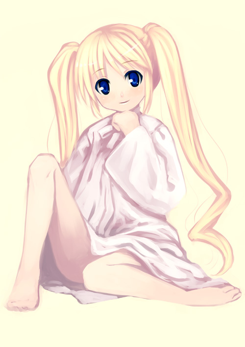 kagura mizuki, character request, source request, 1girl, blush, female focus, loli, solo, twintails, yellow background