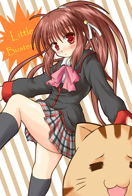 hiiragi tomoka, doruji, natsume rin, little busters!, 1girl, bow, brown hair, cat, female focus, long hair, pink bow, plaid clothes, plaid skirt, red eyes, school uniform, serafuku, skirt, solo