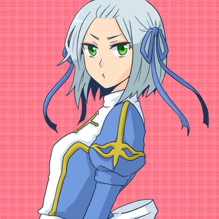 high priest (ragnarok online), ragnarok online, commentary request, 1girl, alternate color, bangs pinned back, blue dress, blue ribbon, closed mouth, dress, green eyes, grey hair, hair ribbon, juliet sleeves, long sleeves, looking at viewer, pink background, plaid background, puffy sleeves, ribbon, robert (pixiv194826), sash, short hair, solo, two-tone dress, upper body, white dress, white sash