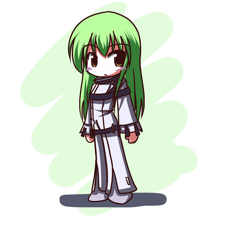 fictional sister, c.c., code geass, 00s, 1girl, :o, chibi, female focus, full body, green hair, long hair, long sleeves, red eyes, robe, solo, standing, straitjacket, very long hair