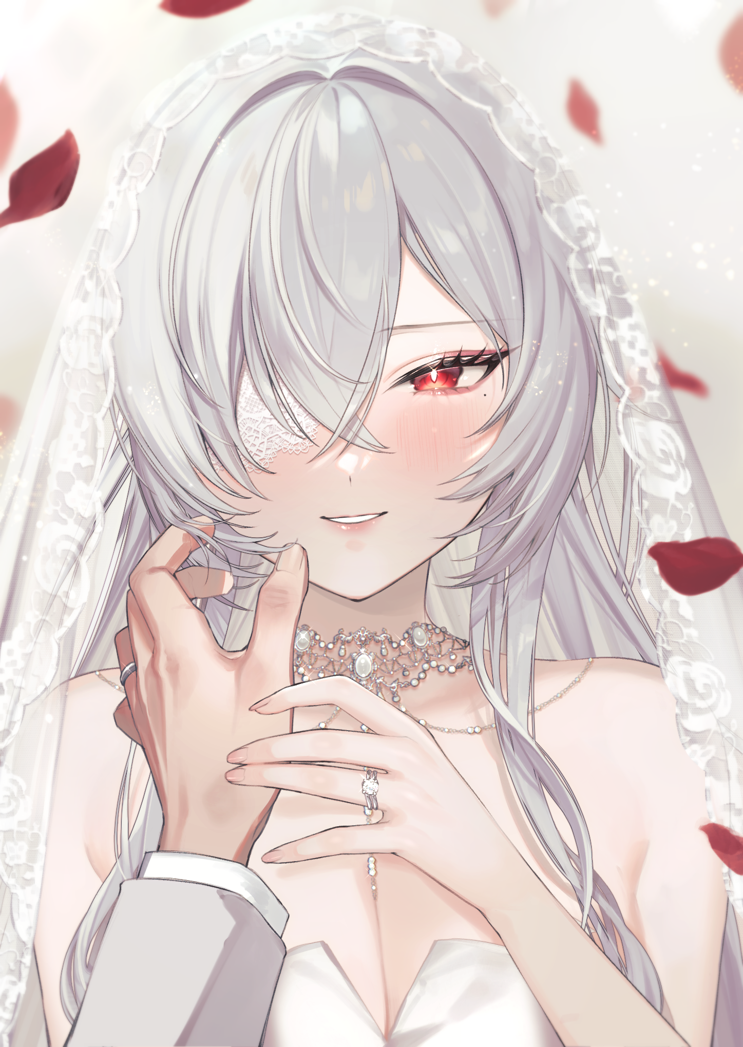fritz rumey (azur lane), azur lane, highres, 1boy, 1girl, blush, breasts, bridal veil, dress, eyepatch, falling petals, frilled eyepatch, hair between eyes, happy, jewelry, large breasts, looking at viewer, out of frame, outstretched hand, petals, red eyes, red petals, ring, veil, wedding dress, wedding ring, white hair, yagimakaron