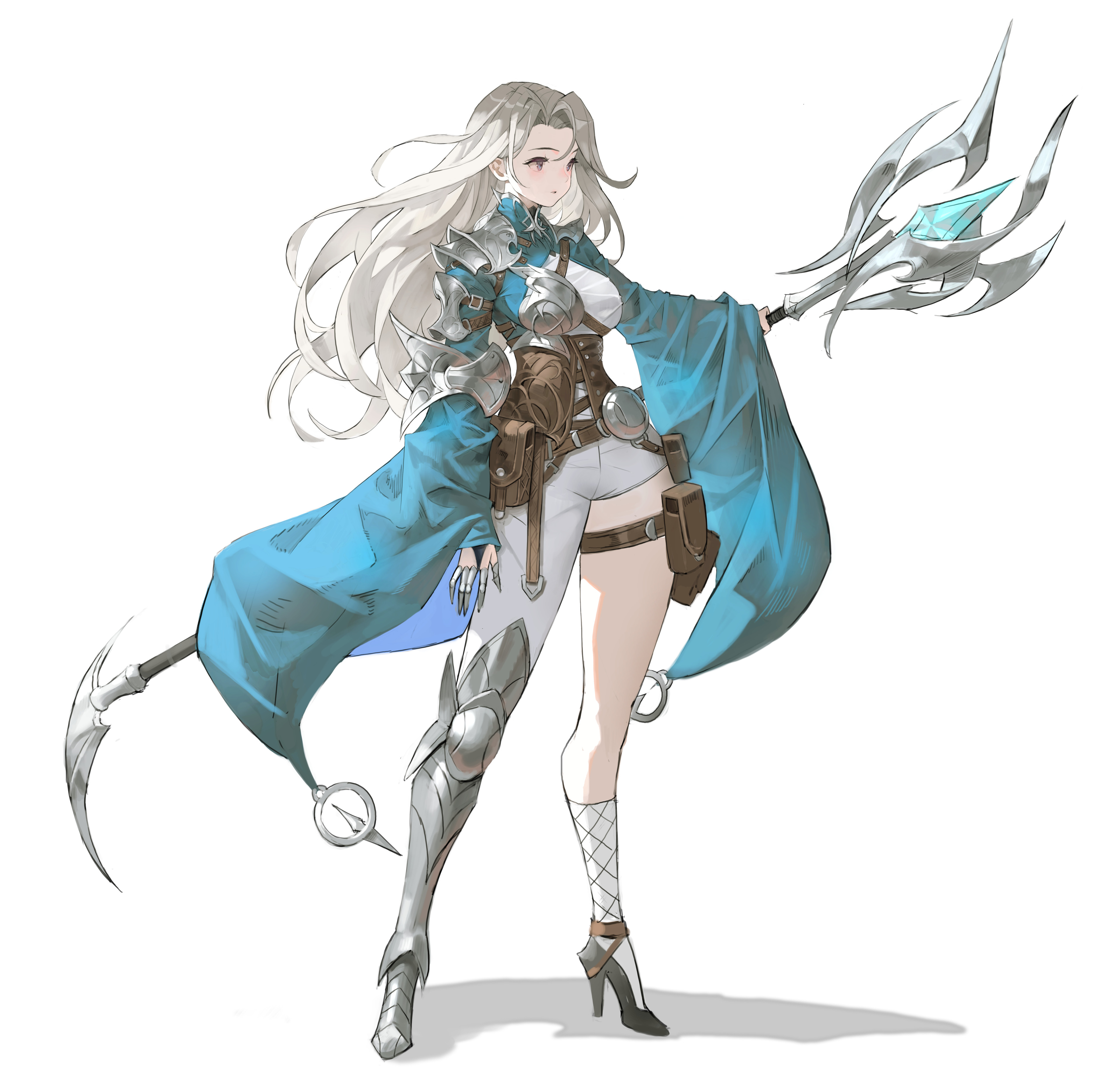 arowana2111, original, absurdres, highres, 1girl, armor, asymmetrical footwear, belt, boobplate, boots, breastplate, breasts, buckle, grey hair, high heels, holding, holding weapon, holster, long hair, medium breasts, pants, pauldrons, shoulder armor, simple background, single couter, single rerebrace, sleeves past wrists, solo, standing, strap, thigh boots, thigh holster, weapon, white background, white pants