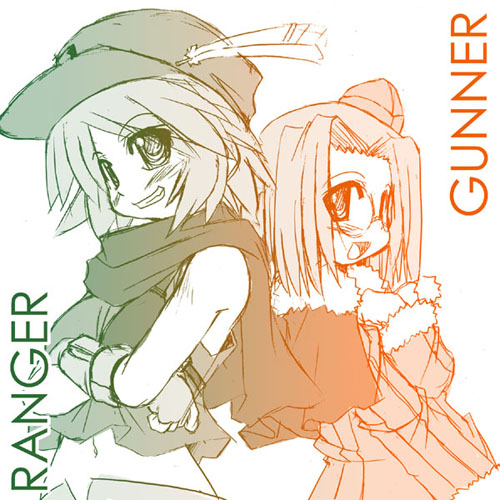 tonpuu, gunner (sekaiju), gunner 4 (sekaiju), ranger, ranger (sekaiju), ranger 2 (sekaiju), atlus, etrian odyssey, lowres, 2girls, feathers, gloves, hat, midriff, monochrome, multiple girls, navel, scarf