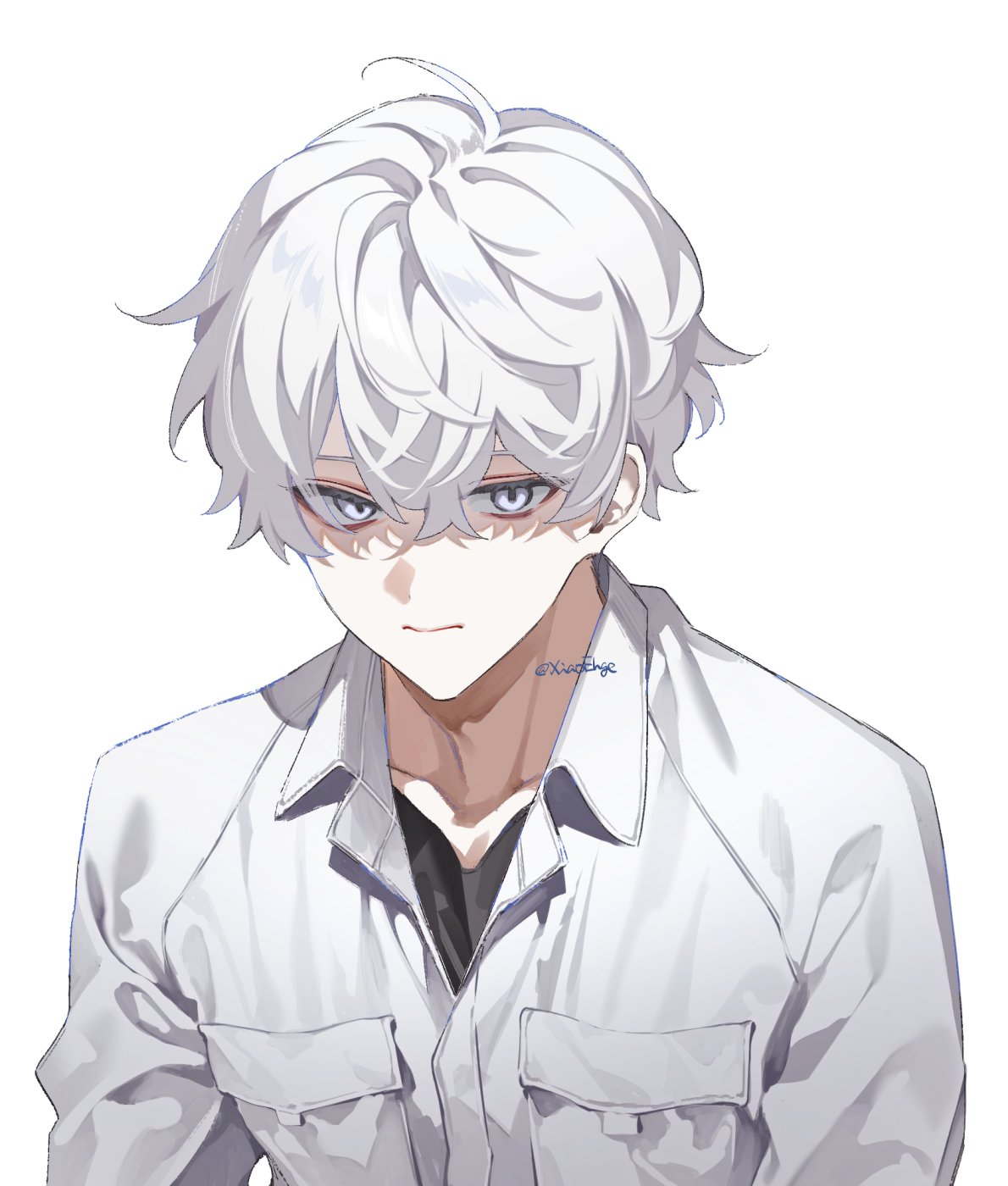 shiozaki shino, original, highres, 1boy, artist name, black shirt, breast pocket, collarbone, jacket, looking at viewer, pocket, shirt, short hair, simple background, solo, twitter username, upper body, white background, white eyes, white hair, white jacket