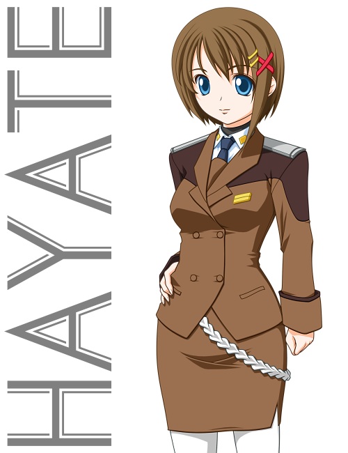 t2r, yagami hayate, lyrical nanoha, mahou shoujo lyrical nanoha, mahou shoujo lyrical nanoha strikers, 00s, 1girl, blue eyes, brown hair, female focus, hair ornament, hair ribbon, military, military uniform, necktie, pantyhose, pencil skirt, ribbon, short hair, skirt, solo, white pantyhose, x hair ornament