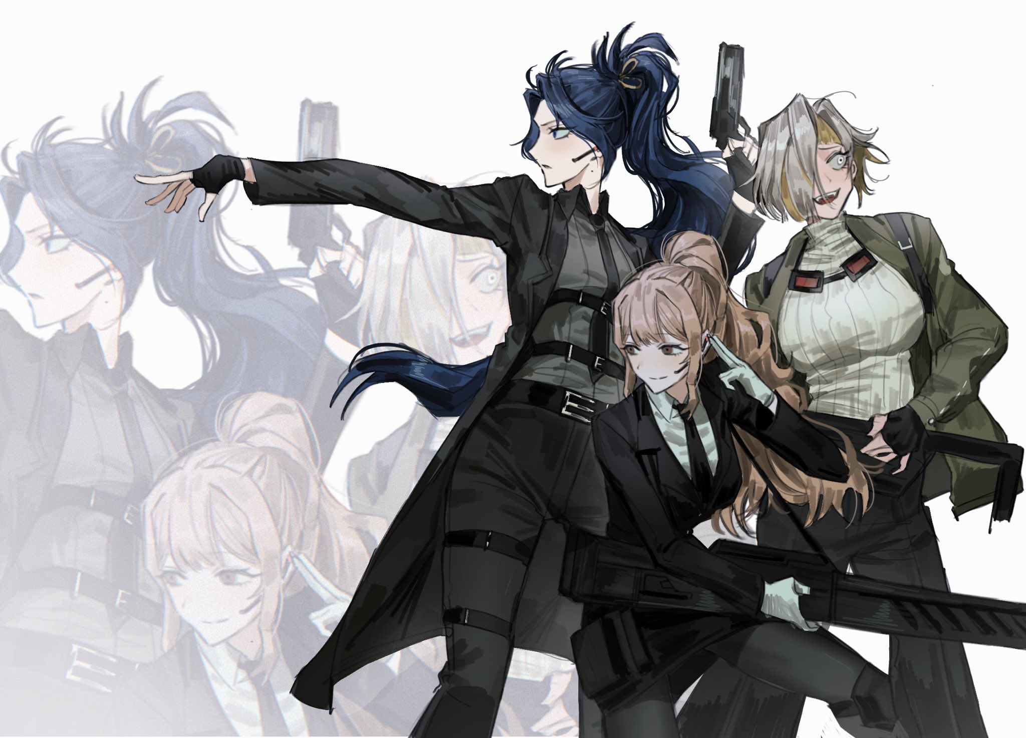 chanil (muexlku), catherine (project moon), kromer (project moon), lin daiyu (project moon), limbus company, project moon, highres, 3girls, black coat, black gloves, black jacket, black necktie, black pants, black skirt, blonde hair, blue eyes, blue hair, brown eyes, brown hair, coat, collared shirt, fingerless gloves, full-stop office (identity) (project moon), gloves, green jacket, grey hair, grey shirt, grey sweater, gun, handgun, headset, high ponytail, holding, holding gun, holding weapon, jacket, long hair, long sleeves, multicolored hair, multiple girls, necktie, open clothes, open coat, open jacket, pants, ponytail, shirt, short hair, simple background, skirt, suit jacket, sweater, two-tone hair, weapon, white background, white gloves, white shirt, zoom layer